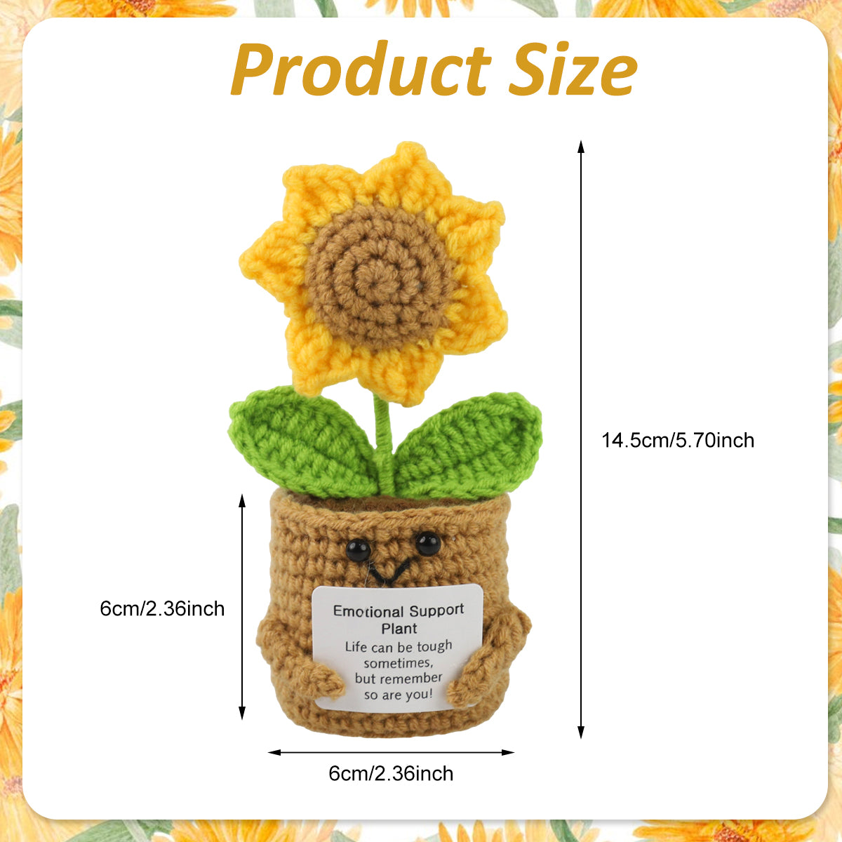 ZIBUYU Crochet Sunflower Pot 5.91 inches Motivational Desk Decor Cute Smile Sunflower with Inspirational Cards Lovely Stuffed Crochet Sunflower Toy Car Interior Accent Gift Yellow