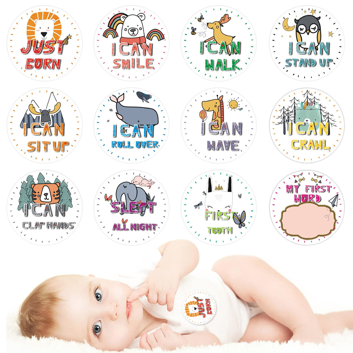 SNOWIE SOFT 12Pcs Baby Skill Milestone Stickers Baby Photography Props Animals Sticker 'My First I Can'' Milestone Stickers Photo Props for Babies Newborn Monthly Milestone Stickers 10x10cm