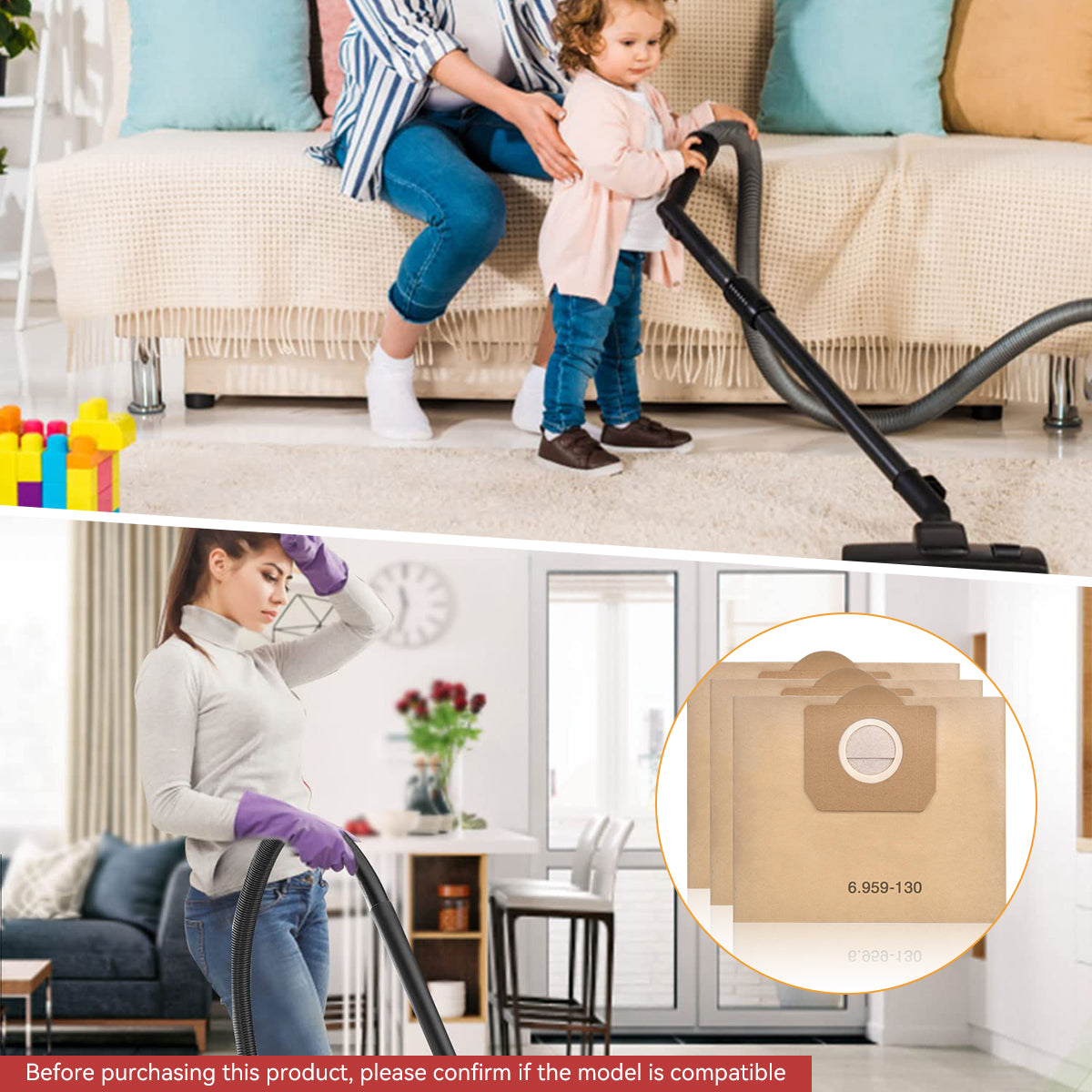 Verilux 6Pcs Vacuum Cleaner Dust Bags for Karcher Vacuum Cleaner WD3/MV3 Dry Use Replacement 6.959-130 Paper Filter Bags for Karcher WD3/MV3