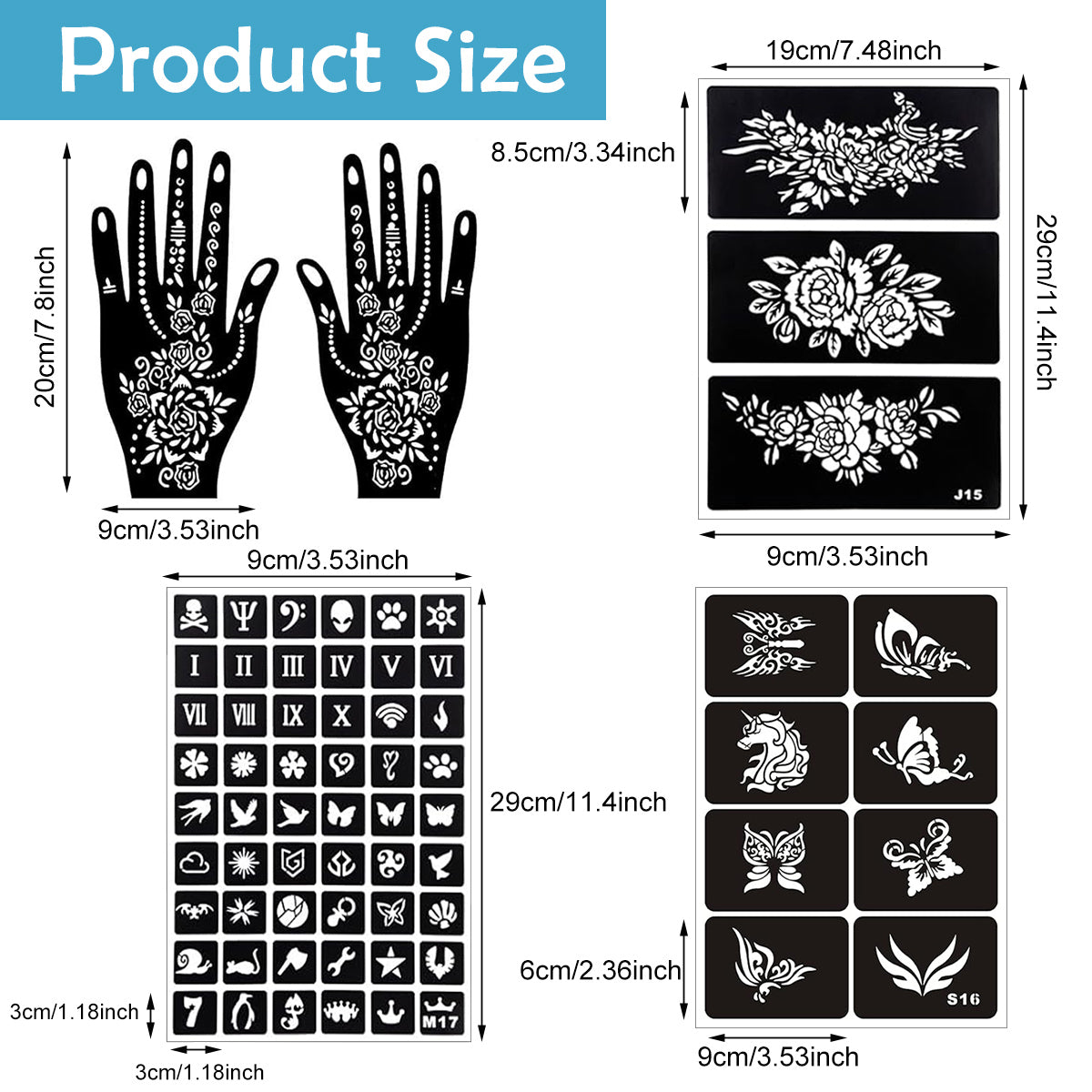 MAYCREATE 14 Sheets Henna Tattoo Mehendi Stencil Stickers Airbrush Flower Mehndi Stickers For Hands Arabic Temporary Tattoo for Women Girls Mehndi Sticker for Hands, Face, Arms, Body