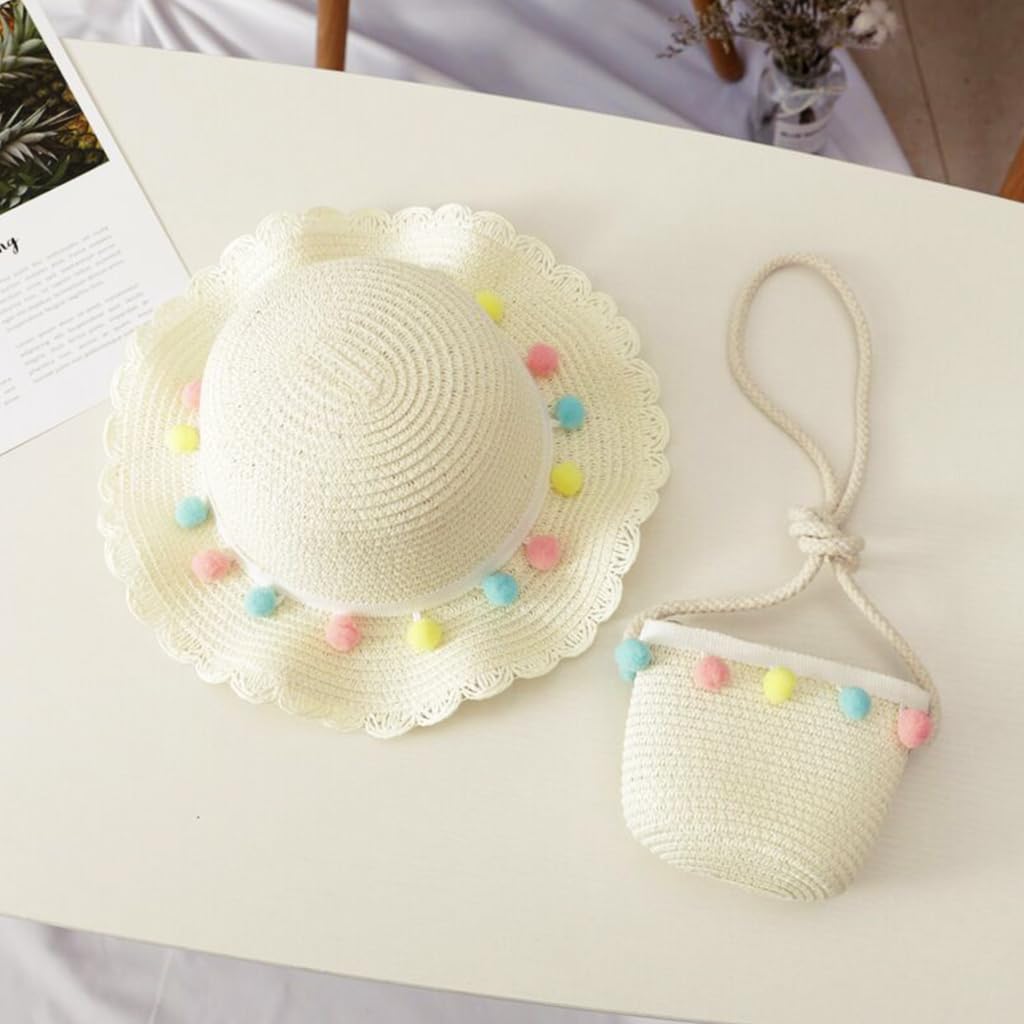 PALAY Straw Hat and Small Bag Set, Summer Sun Hat Girls Children's Straw Hat with Flower Decoration for Tourism Holiday Travel Beach Outdoor Activities