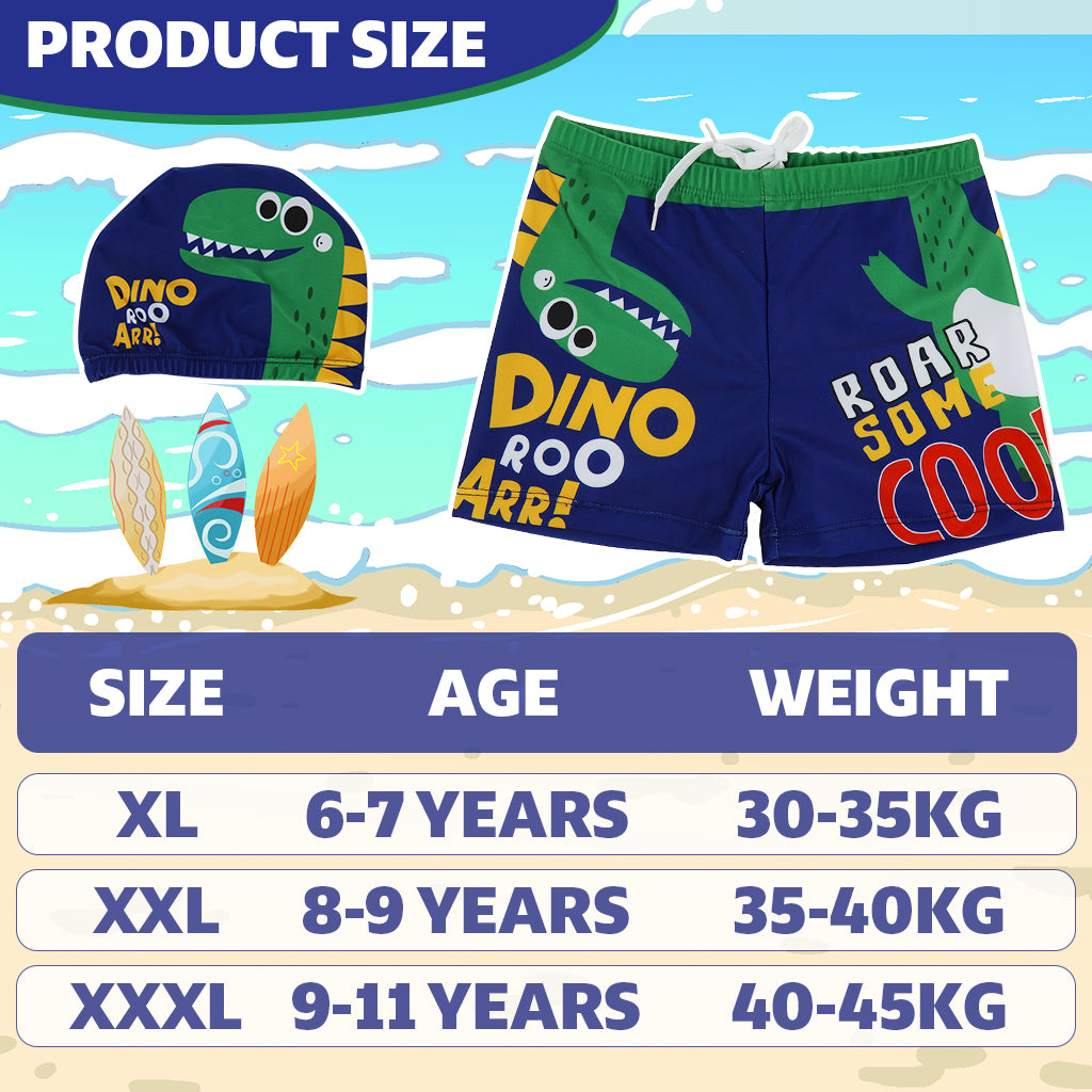Proberos Boys Swimming Short and Cap Cartoon Dinosaur Polyester Swimming Shorts Elastic Waist Design Summer Swimming Gear for Boys 5-10 Years Old