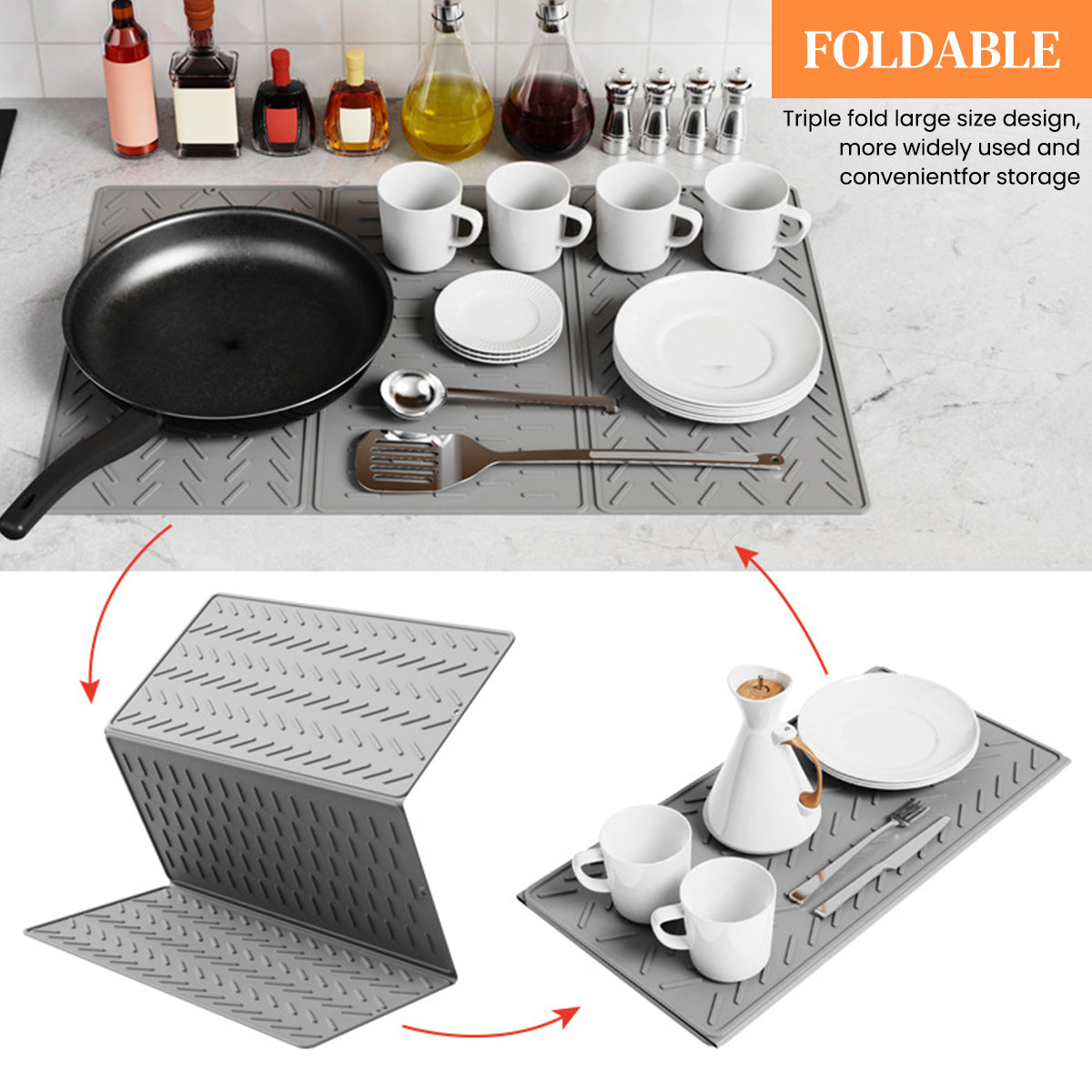 Supvox Kitchen Dry Mat Triple Fold Silicone Utility Mat Grooved Surface Dry Mat Dishes Drain Mat Heat Resistant Countertop Protector Mat Anti-slip Silicone Table Mat with Hanging Hole, 24×16in