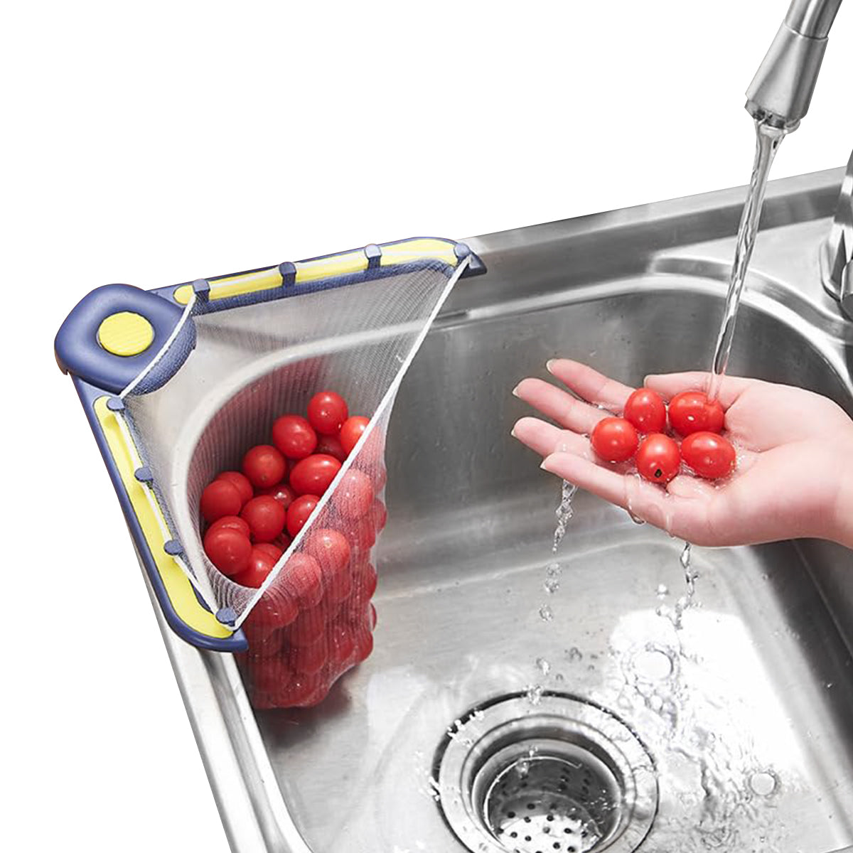 HASTHIP Kitchen Sink Strainer With 50Pcs Filter Mesh Bags Self Adhesive Folding Sink Strainer Dish Cloth Rack Metal Modern Kitchen Sink Edge Disposable Residues Strainer