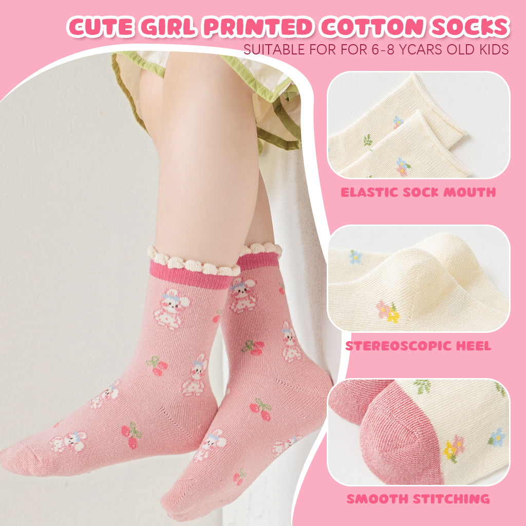 SNOWIE SOFT 5 Pairs Cotton Socks for Girls Primary School Girls Socks Assorted Designed Cute Pink White Print Ankle Socks for Girls Breathable Soft Cotton Socks for Girls 6-8 Years Old