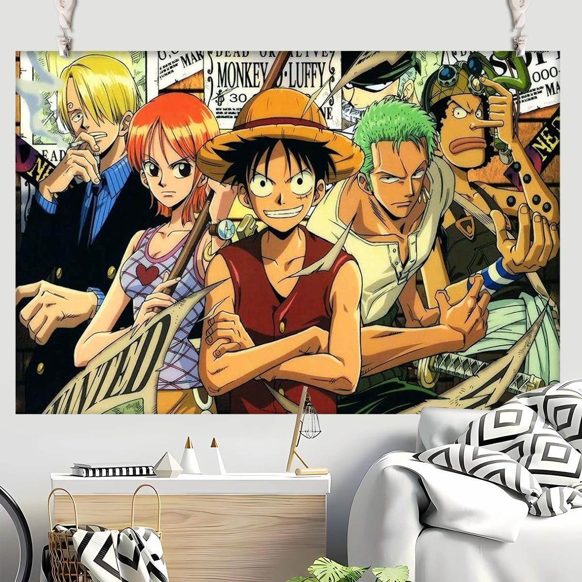 HASTHIP Anime Tapestry, Cartoon Wall Tapestry for Room Decor Monkey D Luffy Group Photo Tapestry Retro Wall Tapestry for Bedroom Livingroom with Installation Accessories, 51x59 inches