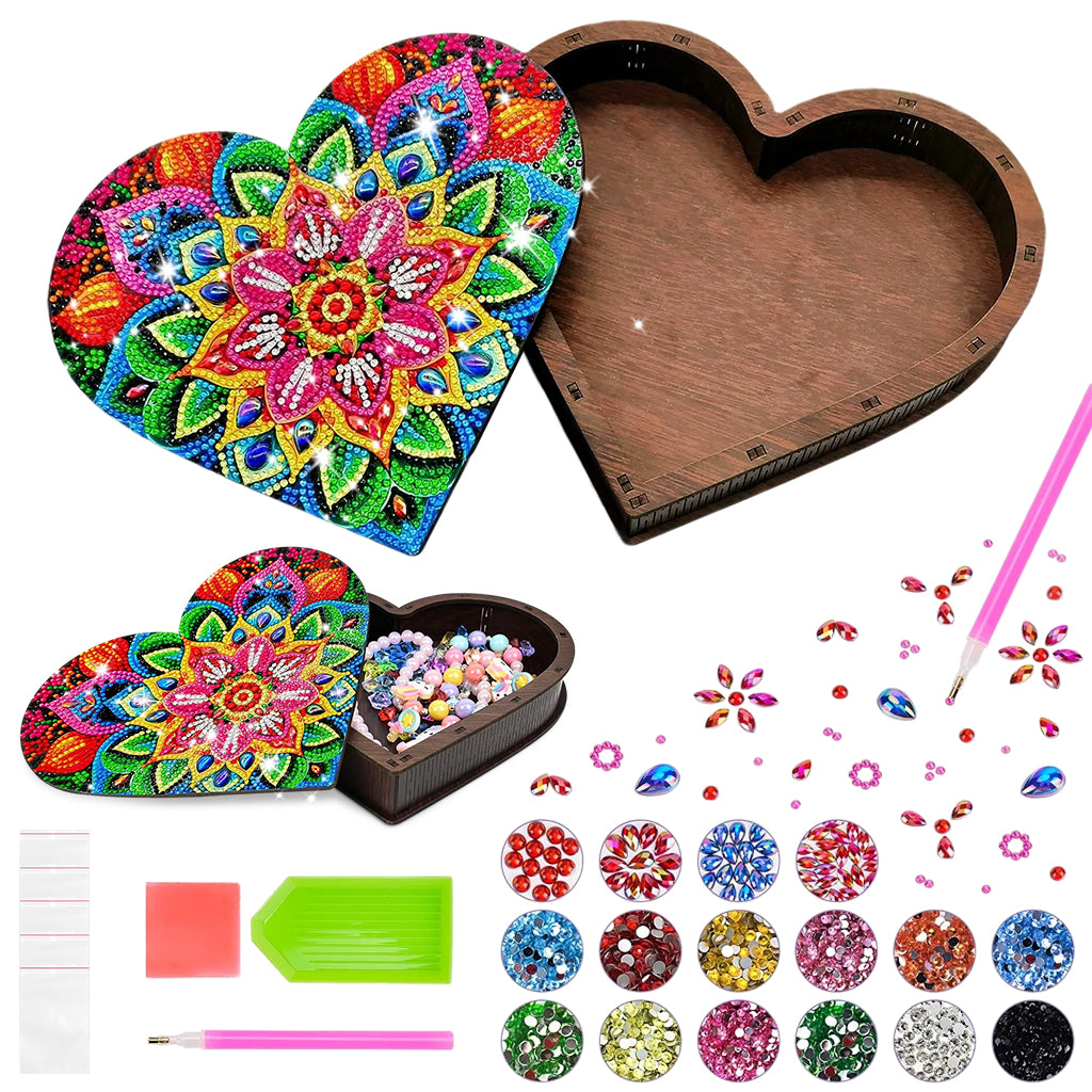 HASTHIP DIY Diamond Paint Art Kit Colorful Mandala Flower Wooden Jewelry Box Assembly Empty Heart-shaped Wooden Storage Organizer DIY Diamond Paint Gift Box Christmas Gift Birthday Gift, 22x20x4cm