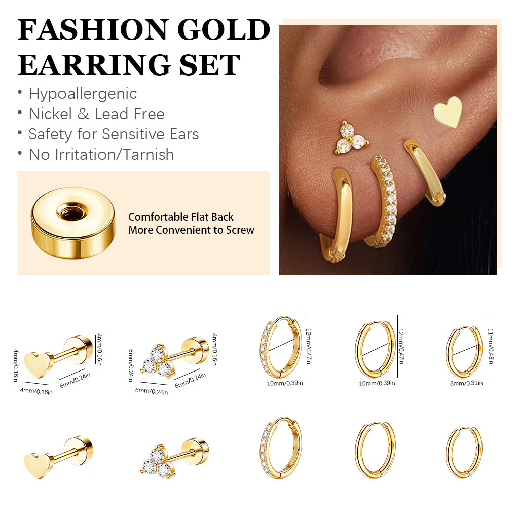 SANNIDHI 5 Pairs Earrings Set for Women Girls Stylish Hypoallergenic Surgical Gold Flat Back Stud Earrings Hoop Earrings Stainless Steel Cartilage Earrings Gifts Earrings Combo for Multiple Piercing