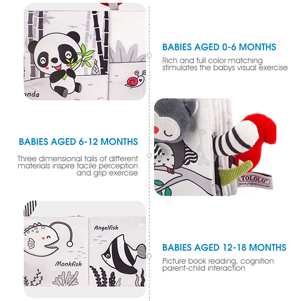 SNOWIE SOFT Baby Cloth Book Cartoon Black and White Baby Cloth Book with Built in Squeaky Toy Sensory Book Baby Cloth Early Sensory Toy Book Sensory Book Gift Toy for Baby Toddler 3-12 Months