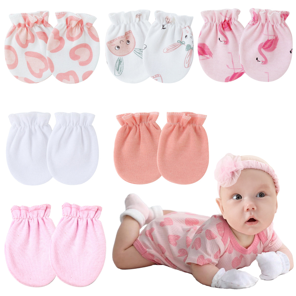 SNOWIE SOFT 6 Pairs Baby Scratch Mittens for 0-12 Months Baby Cute Newborns Mittens Soft Breathable Cotton Print Anti-Lost Elastic Cuff Baby Mittens Baby Shower Gift