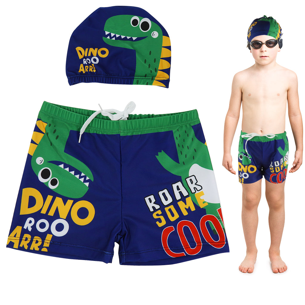 Proberos Boys Swimming Short and Cap Cartoon Dinosaur Polyester Swimming Shorts Elastic Waist Design Summer Swimming Gear for Boys 5-10 Years Old