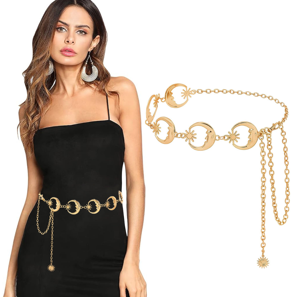PALAY® Waist Chain Belt Moon Star Metal Waist Chain Belt Stylish Clothes Accessories for Blazer, Suit, Dress, Gown, Wedding Dress (Gold)