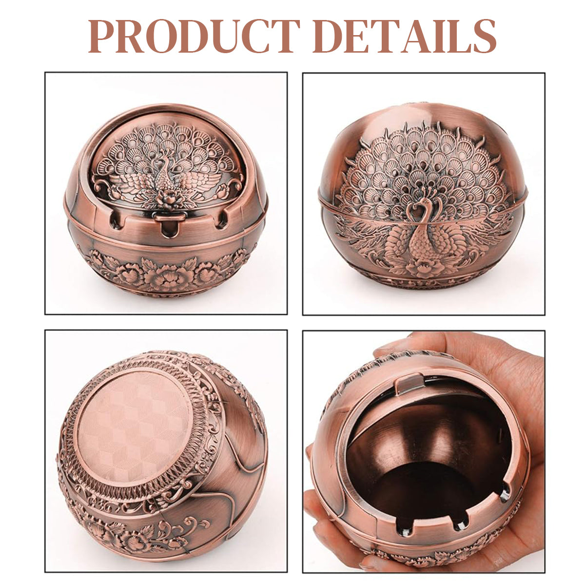 HASTHIP Peacock Ashtray Retro Zinc Alloy Ashtray with Closing Lid Decorative Embossing Peacock Ashtry with 3 Cigarette Holder Grooves Home Gift Car Ashtry, 10x10x9cm