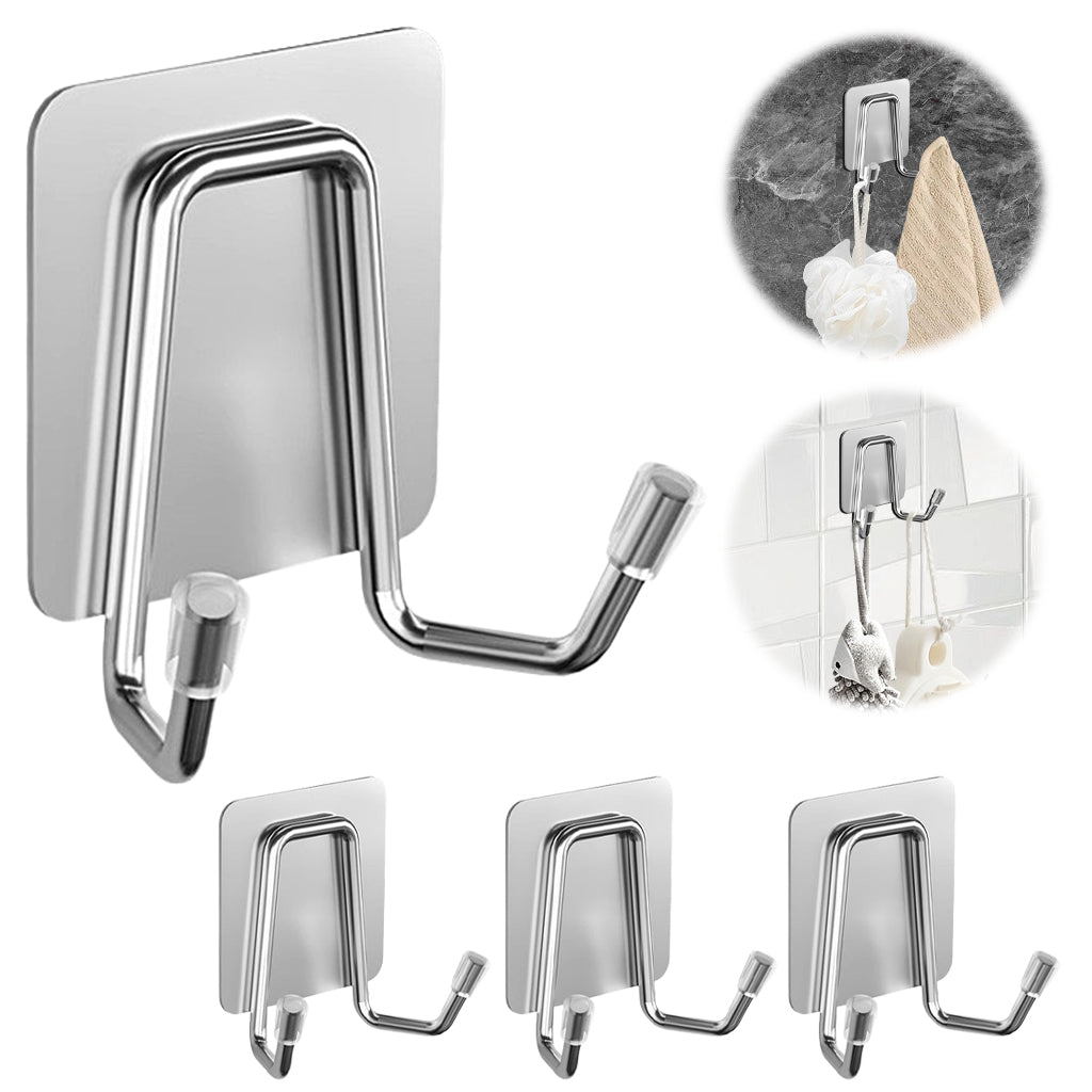 HASTHIP 4Pcs Adhesive Dual Wall Hooks - 304 Stainless Steel Heavy-Duty Towel, Clothes, Sponge Holder, Space-Saving Utility for Kitchen, Bathroom, Bedroom (Silver)