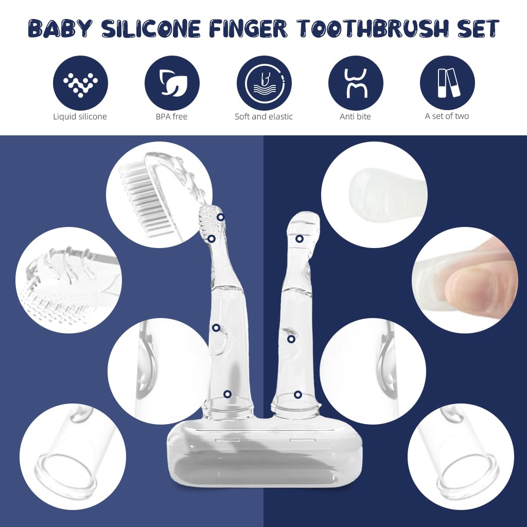 SNOWIE SOFT Silicone Finger Toothbrush Set with Baby Tongue Scraper Gum Massager Food Grade Soft Silicone Baby Finger Toothbrush for Baby 0-1 Years Old Baby Oral Care Cleaning Set with Box