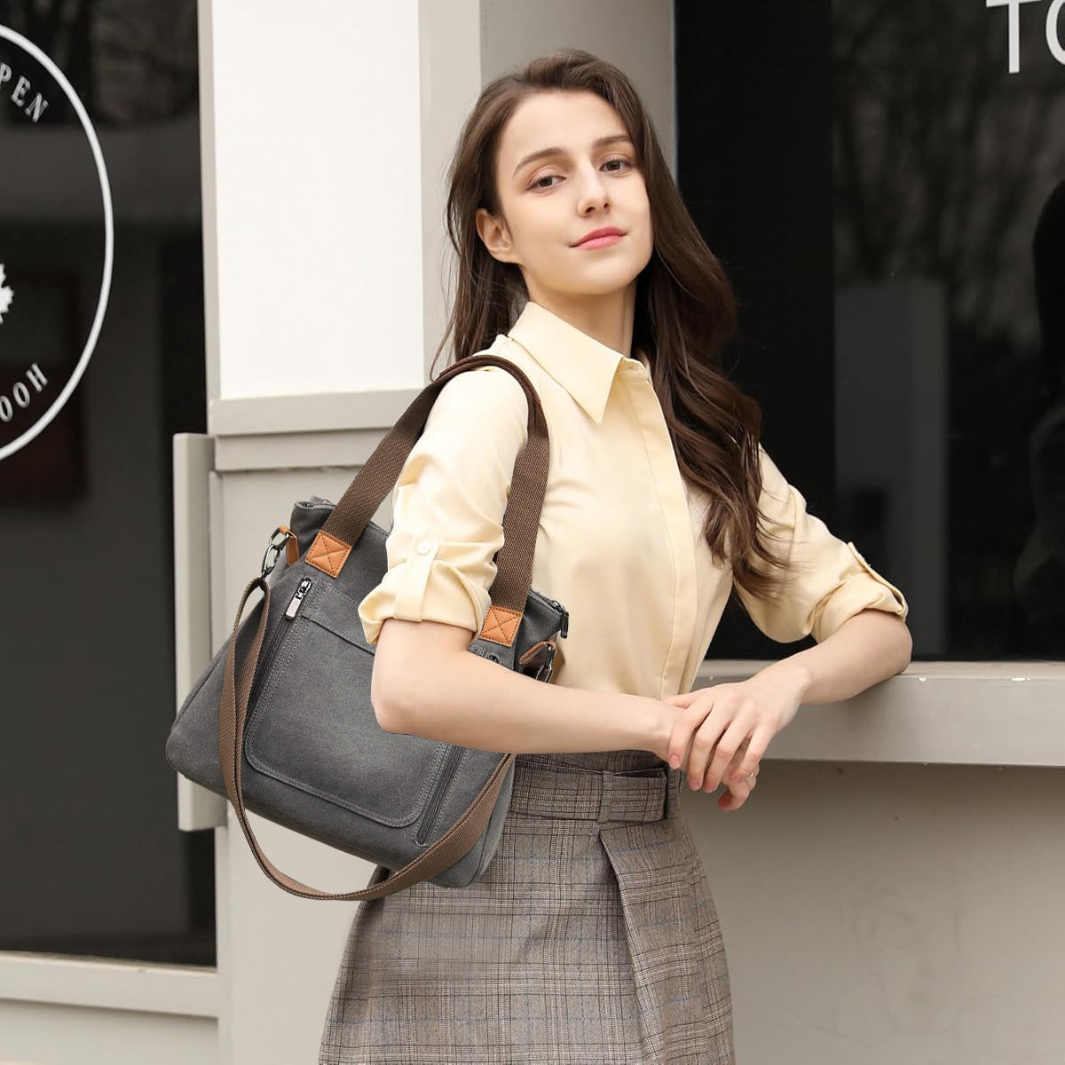 PALAY Handbag for Women Grey Canvas Shoulder Bag Tote Sling Bag Hand Bag Large Crossbody Bag with Detachable Shoulder Strap Korean Women Bag for School, Work