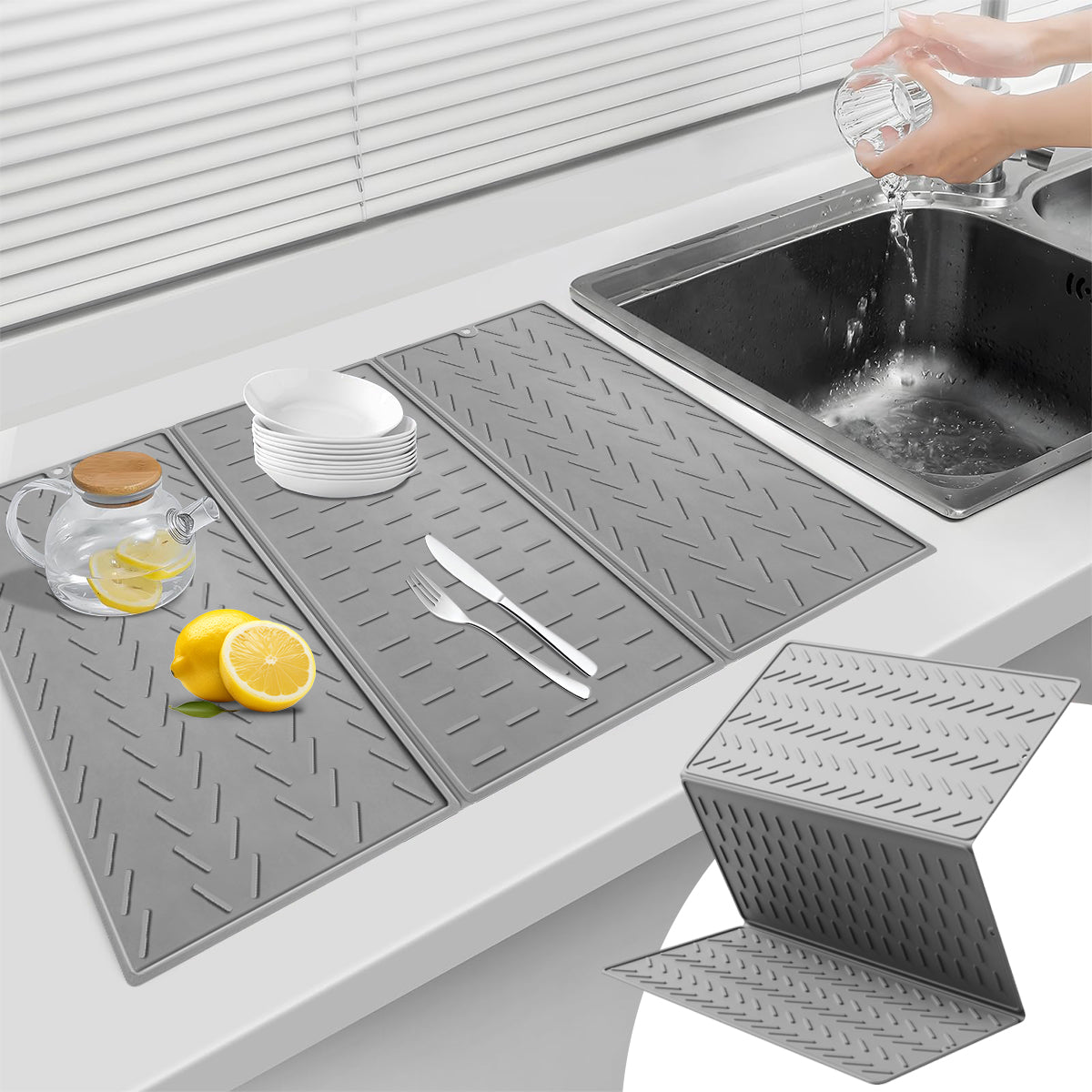 Supvox Kitchen Dry Mat Triple Fold Silicone Utility Mat Grooved Surface Dry Mat Dishes Drain Mat Heat Resistant Countertop Protector Mat Anti-slip Silicone Table Mat with Hanging Hole, 24×16in