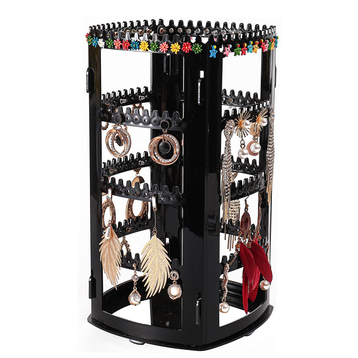 HASTHIP 360 Rotating Earring Holder and Jewelry Organizer, 4 Tiers Jewelry Rack Display Classic Stand, 156 Holes and 160 Grooves for Necklaces Earrings Piercings (Black)