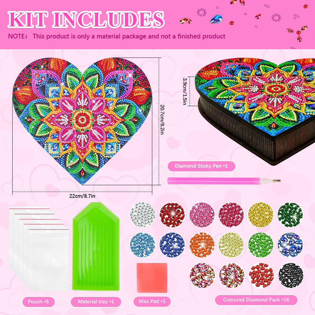 HASTHIP DIY Diamond Paint Art Kit Colorful Mandala Flower Wooden Jewelry Box Assembly Empty Heart-shaped Wooden Storage Organizer DIY Diamond Paint Gift Box Christmas Gift Birthday Gift, 22x20x4cm