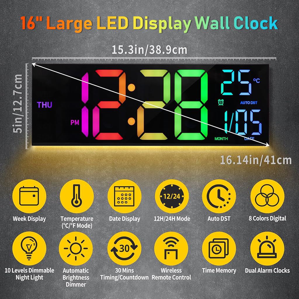 HASTHIP 16'' 8 Colors Wall Digital Alarm Clock with Remote Control, Large Digital Clock with Temperature, Date, Auto DST, Night Light, Auto Brightness Dimmer, Wall Clock for Living Room Office