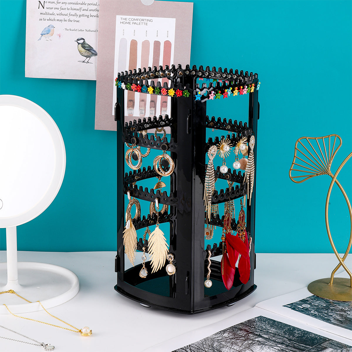 HASTHIP 360 Rotating Earring Holder and Jewelry Organizer, 4 Tiers Jewelry Rack Display Classic Stand, 156 Holes and 160 Grooves for Necklaces Earrings Piercings (Black)