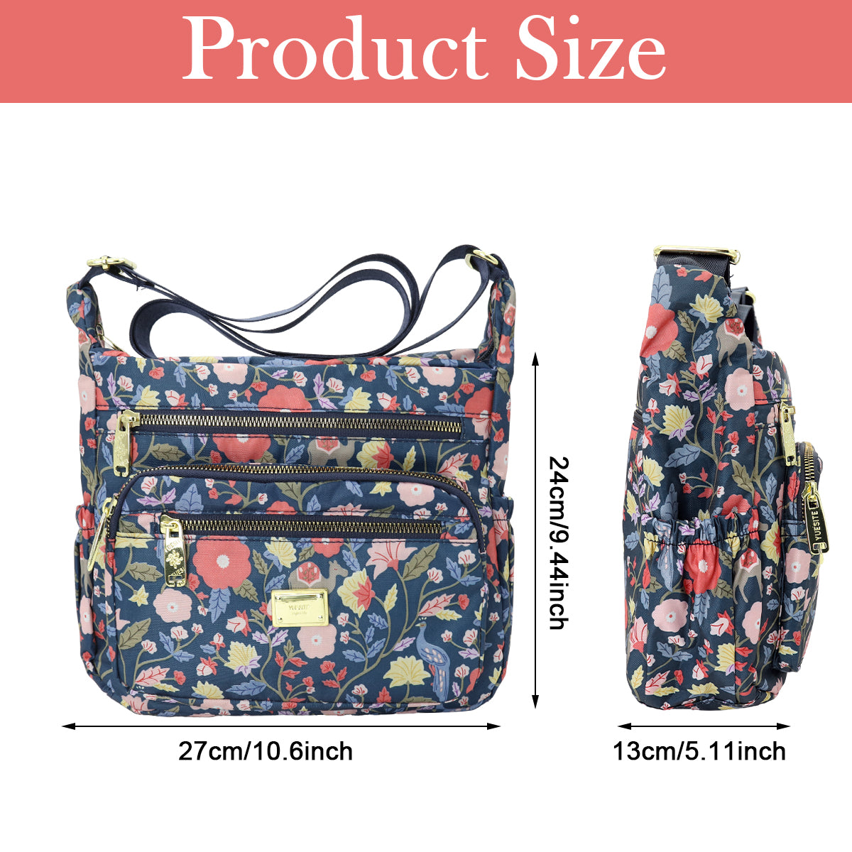 PALAY Women Crossbody Bag Fashion Floral Peacock Print Satchel Travel Bag Multi Layer Nylon Crossbody Bag Casual Day Bag Satchel Handbag