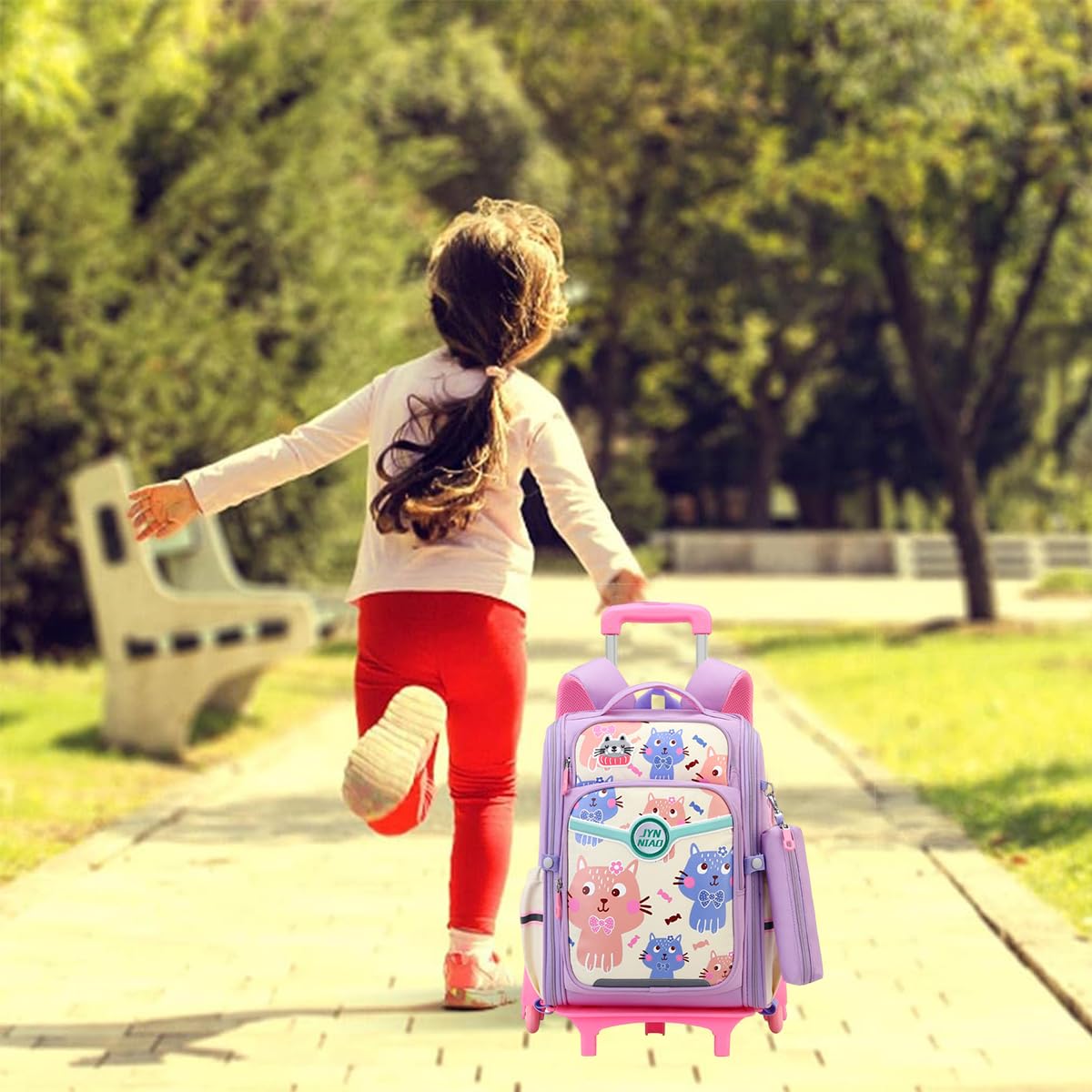 PALAY School Backpack for Girls Backpack on Wheel SchoolGirls 6-12 Years Old Waterproof Cartoon Print Girls Backpack with Detachable Wheel Stand Lightweight Travel Backpack for Kids