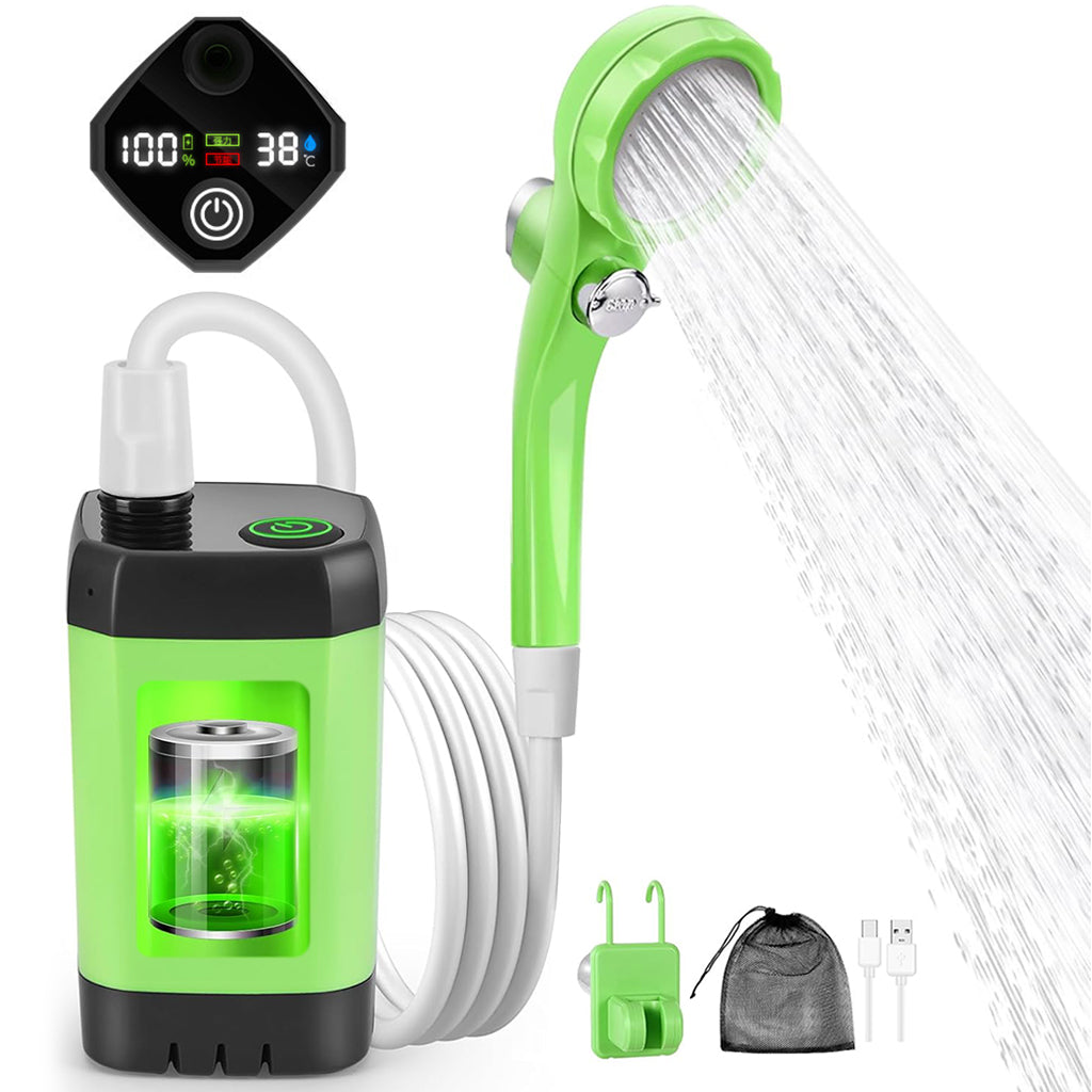 Proberos Electric Shower System with Water Pump Outdoor Moving Shower Head with 4 Spray Modes LCD Real Time Temperature Display IPX7 Waterproof Shower Water Pump Shower Head Kit for Camping