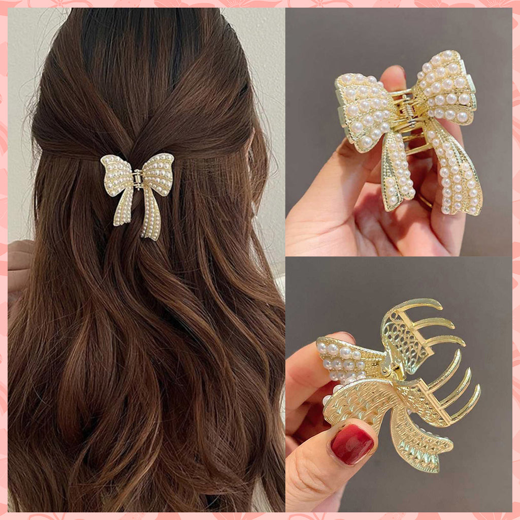 ZIBUYU Small Pearl Bow Hair Accessories for Women Wedding, Bow Hair Clips for Women,  Golden Alloy Half Updo Hair Charm Fashion Meta Hair Clips for Girls Women