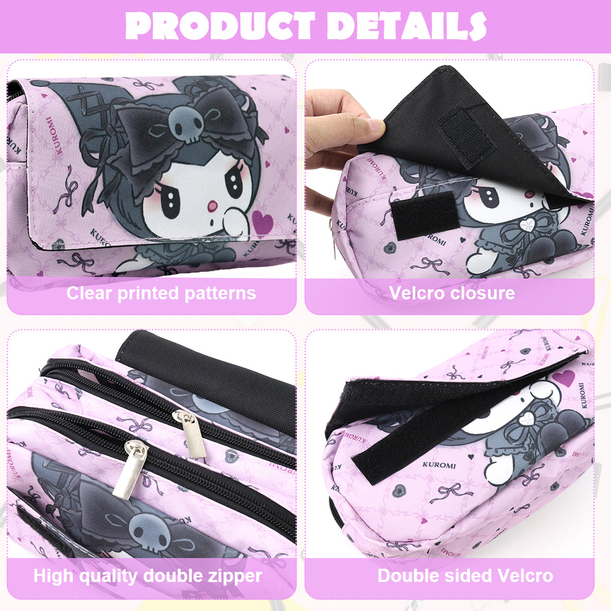 HANNEA® Pencil Case Large Capacity Students pencil pouch Double LayerPencil Bag Pen Case Cute Kuromi Oxford Cloth Pencil Case Stationeries Holder Organizer for Gift School Office Supplies, Purple