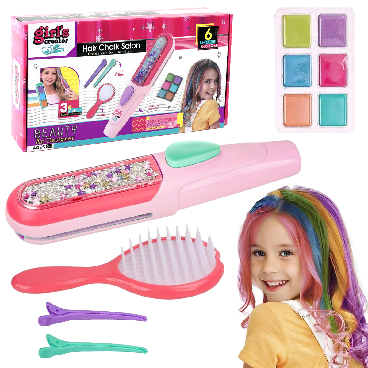 PATPAT Girls Hair Styling Tools Kit Glittering Multi Color DIY Hair Dye Chalk Set with Applicator, Easy and Fun Stylish Girls Hair Styling Tools Gift Set for 4-12 Years Old