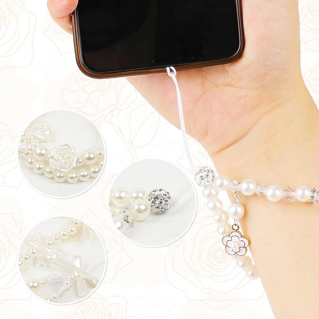 ZORBES 3Pcs Chic Pearl Beaded Phone Charm Lanyard Flower Charm Bow Phone Loop String Phone Strap Phone Grip Lanyard Cute Girls Phone Charm Fashion Beaded Phone Chain Gifts for Girls.