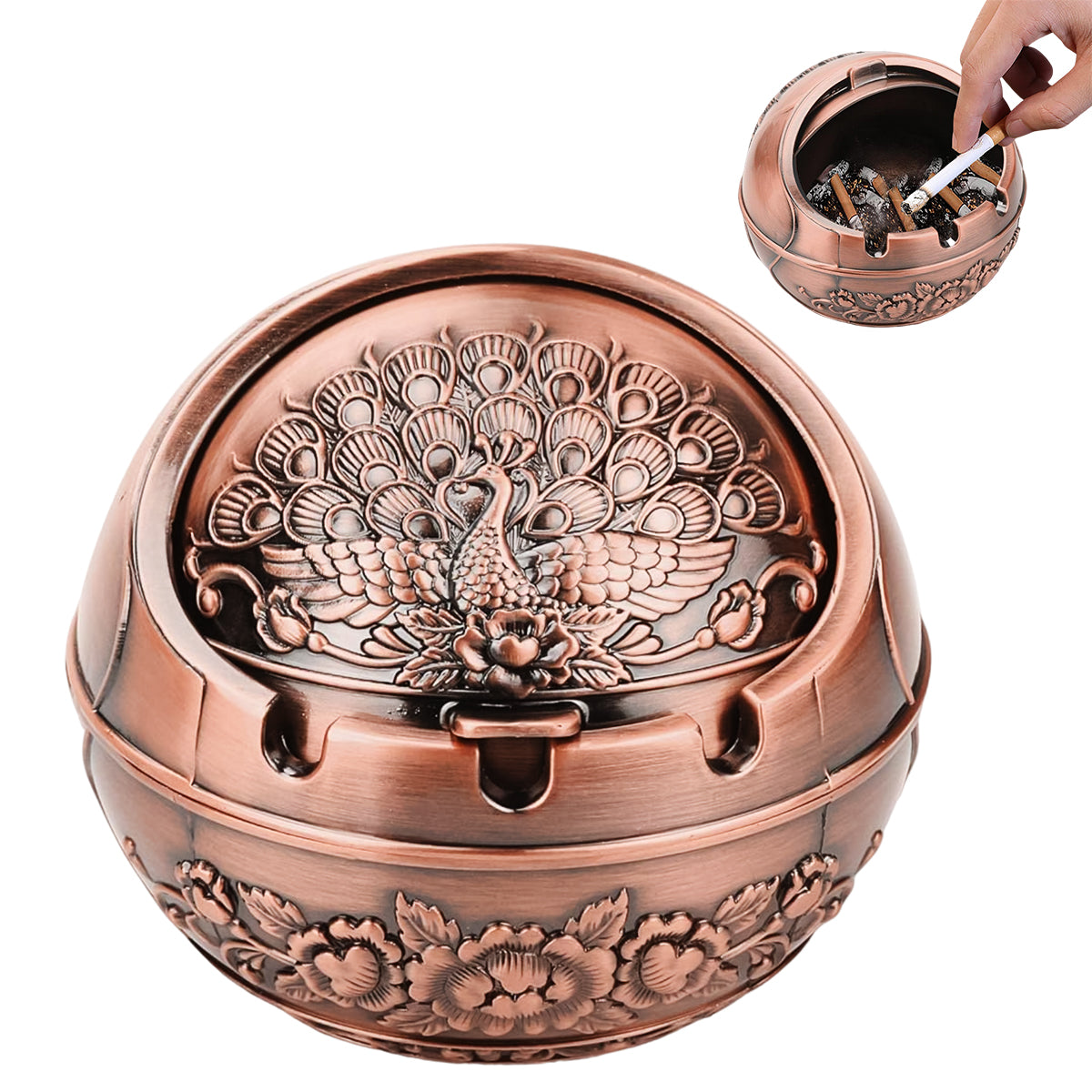 HASTHIP Peacock Ashtray Retro Zinc Alloy Ashtray with Closing Lid Decorative Embossing Peacock Ashtry with 3 Cigarette Holder Grooves Home Gift Car Ashtry, 10x10x9cm