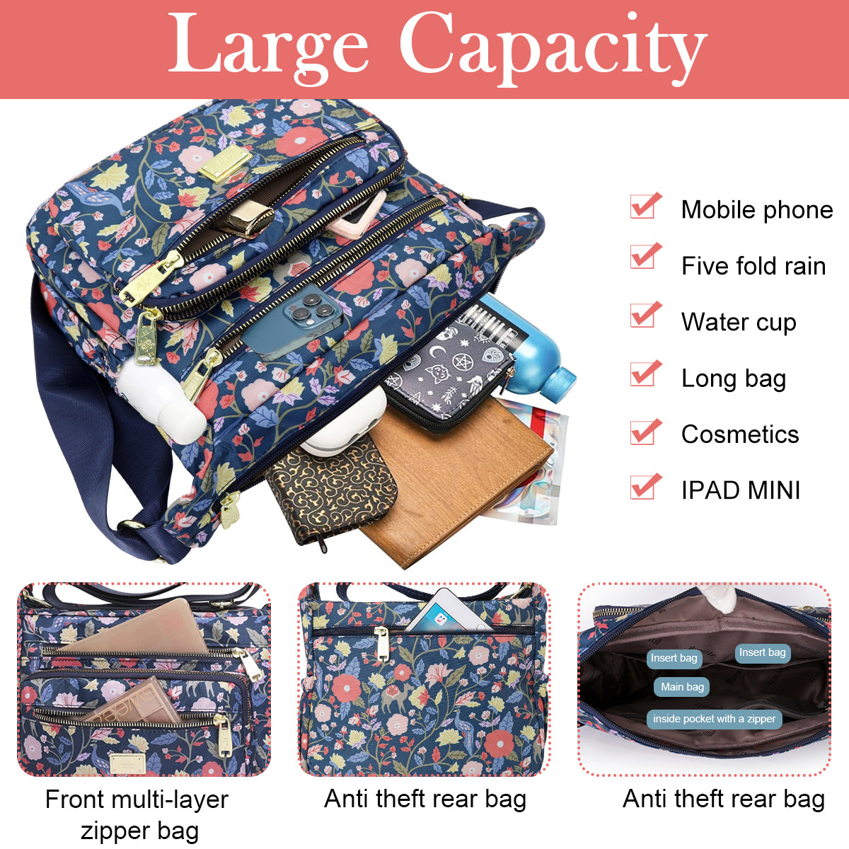 PALAY Women Crossbody Bag Fashion Floral Peacock Print Satchel Travel Bag Multi Layer Nylon Crossbody Bag Casual Day Bag Satchel Handbag