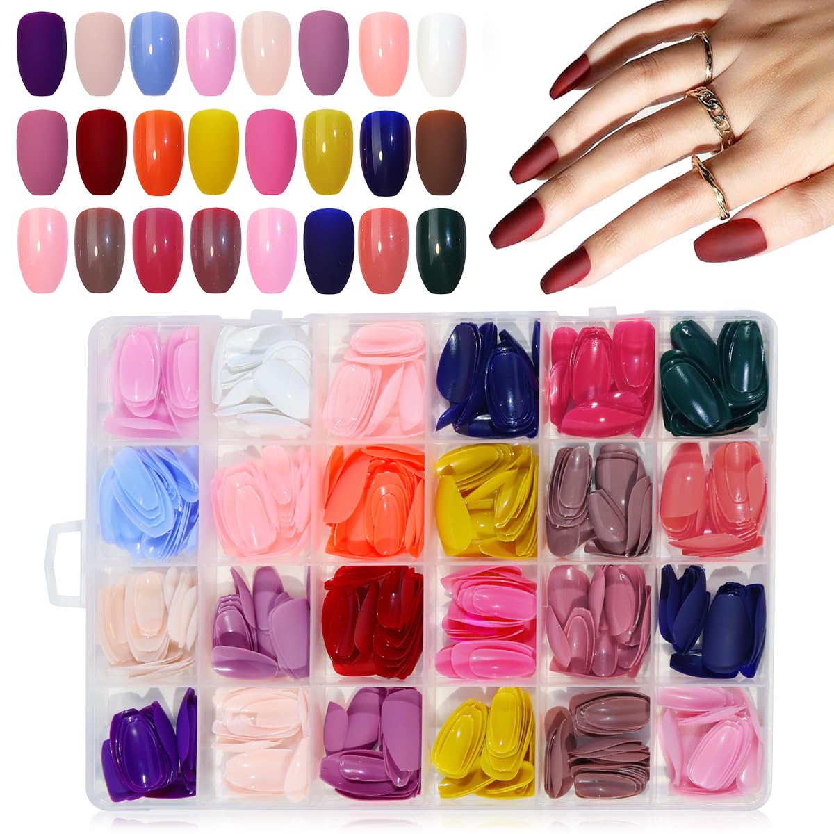 MAYCREATE 24 Color Press-On Nails Solid Color Oval False Nail Oval Press on Fake Nails 576pcs Full Cover Press-On False Nails, Oval Press-on Nail for DIY Nail Art, No Glue