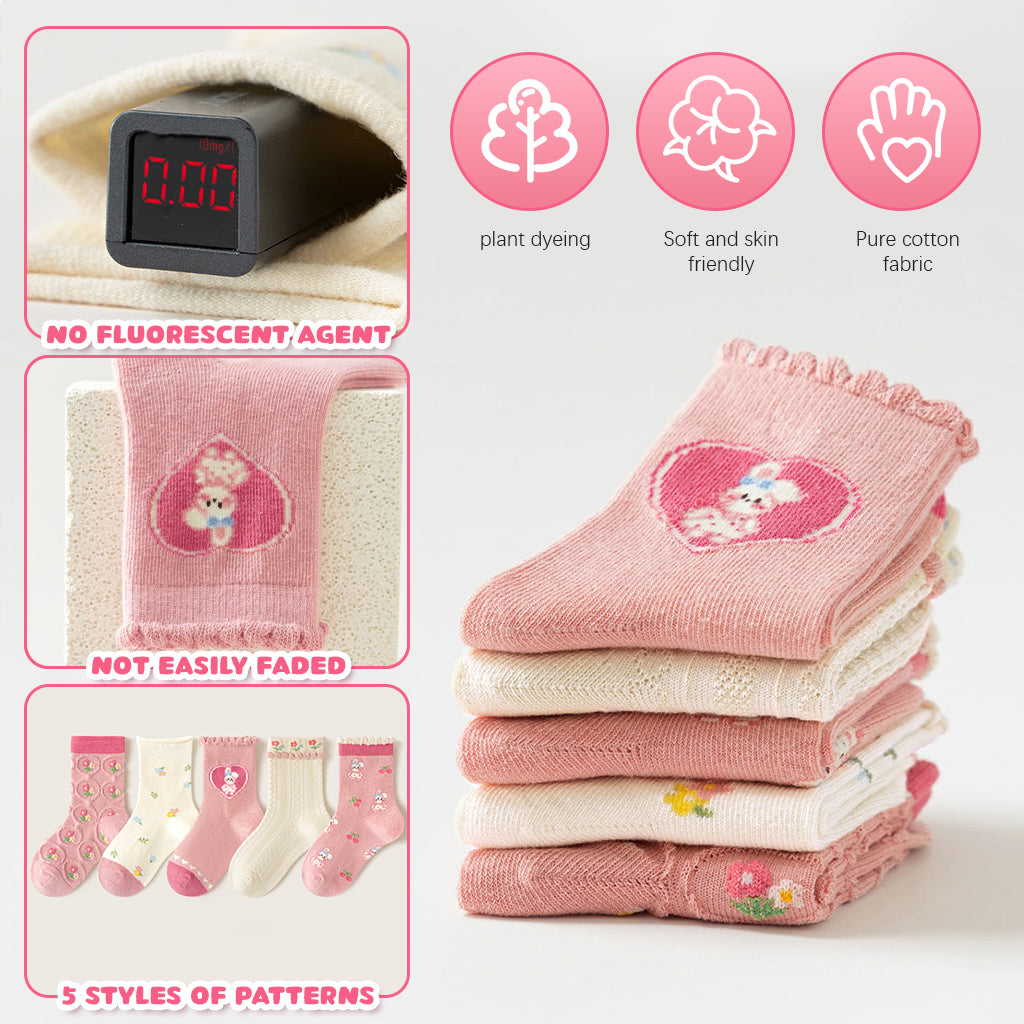 SNOWIE SOFT 5 Pairs Cotton Socks for Girls Primary School Girls Socks Assorted Designed Cute Pink White Print Ankle Socks for Girls Breathable Soft Cotton Socks for Girls 6-8 Years Old
