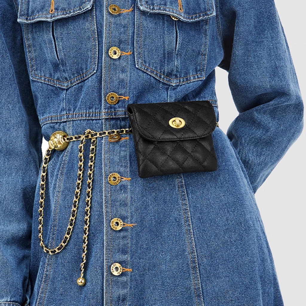 PALAY Mini Fanny Bag Chic PU Small Purse Bag Casual Waist Coin Bag Dechable Adjustable Chain Belt Design Fashion Piece Waist Purse Bag Gift for Women, 11x9cm