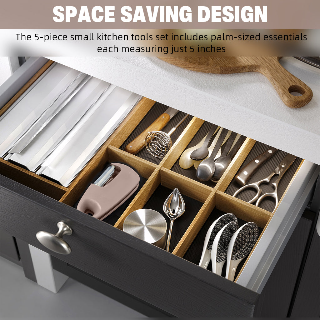 Supvox Set of 5Pcs Kitchen Gadgets Palm-sized 5 inches Garlic Ginger Press, Cheese Grater, Mini Peeler, Mini Pizza Roller Cutter, Bottle Opener, Stackable Utility Kitchen Small Gadgets