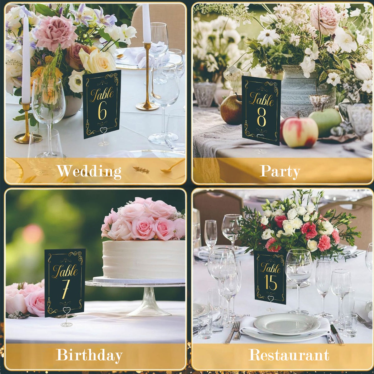 HASTHIP 16Pcs Table Number Cards with 16 Metal Wire Holders Elegant Metallic Texture Black Golden Hard Cards Heart-shaped Wire Card Holders Guests Wedding Tables Cards