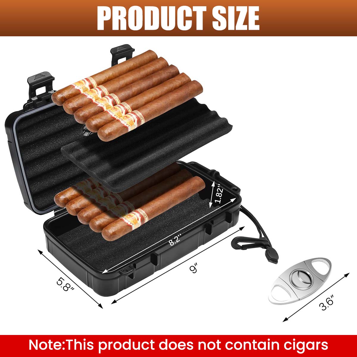 GUSTAVE® Travel Cigar Humidor Case with Cigar Cutter Hard Shell 5 Cigar Capacity Storage Case with Humidifier Disc EVA Protective Foam Liner Design Portable Cigar Box with Lanyard, 23x13x5cm
