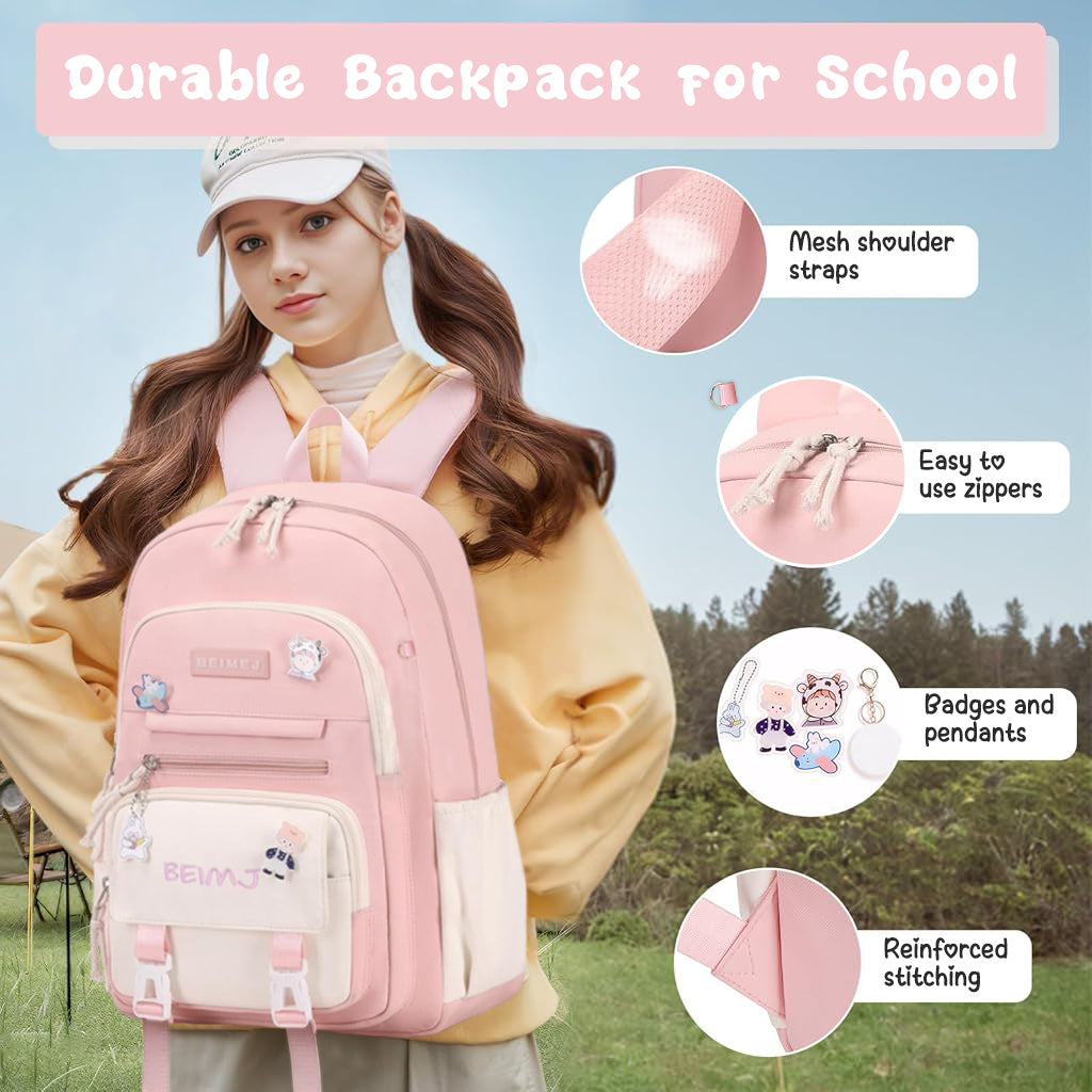 Climberty Girls School Backpack Kawaii Pink School Book Bag Multi Compartment 15.6 inches Travel Backpack School Bag for Girls 6-12 Years Old Birthday Gift Christmas Gift, 32x15x45cm