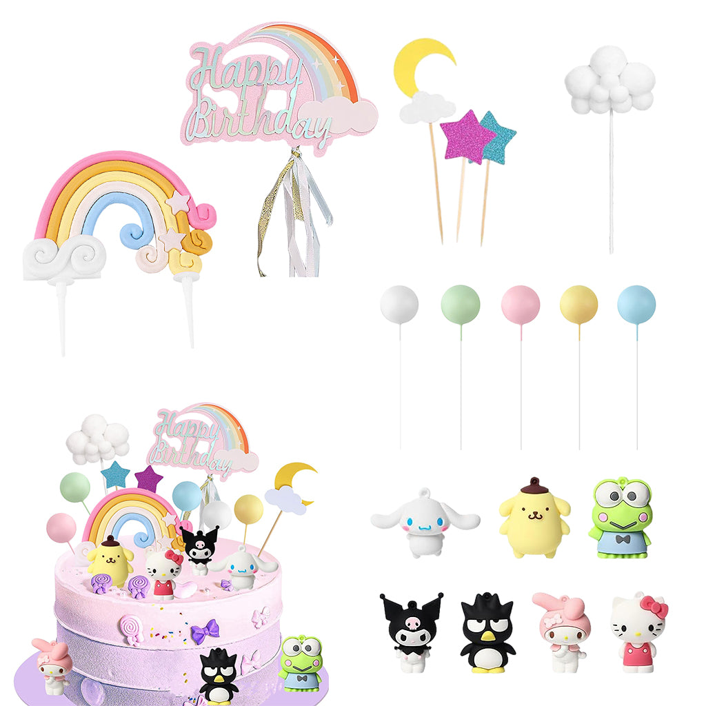 HASTHIP® 18Pcs Cute Cake Toppers Set 1.9inches Kuromi Melody Cinnamoroll Cake Toppers Cartoon Sanrio-themed Rainbow Color Ballon Cake Topper for Shower Party, Birthday Party