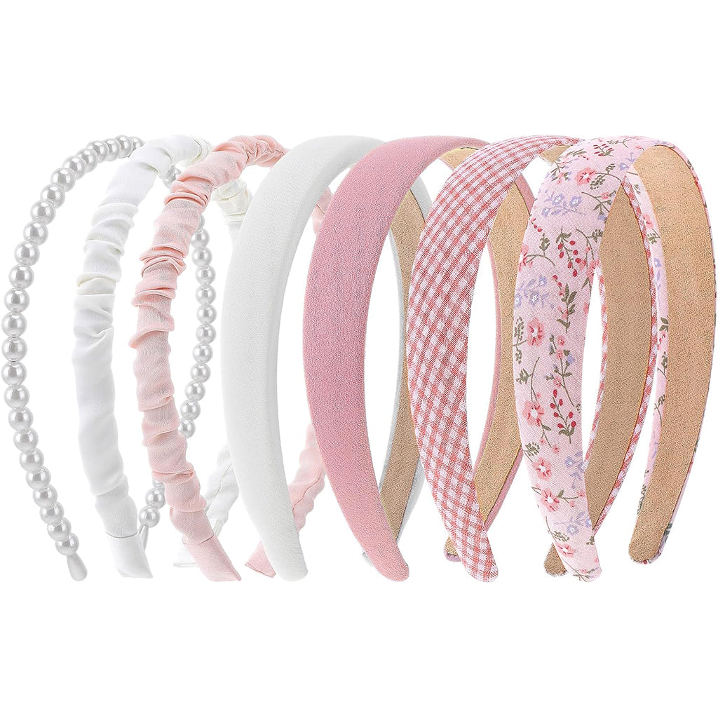 ZIBUYU 7 PCS Fashion Headbands for Women Floral Vintage Wide Headband Cute Pearl Head Band Twisted Pink Hair Bands for Girls Hair Non Slip Hair Accessories