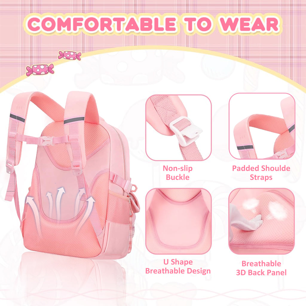 PALAY School Backpack for Girls Pink Plaid Schoolgirls Backpack Book Bag Multi Compartment Waterpoof School Backpack Lightweight Travel Backpack School Gift Birthday Gift for Girls, 46x30x17cm