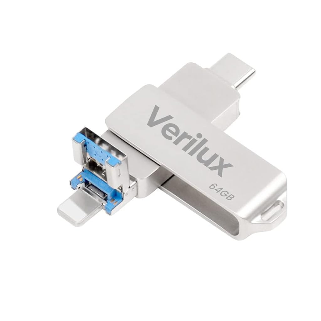 Verilux Pendrive 64GB 3 in 1 USB 3.0 Flash Drive with Light-ning, USB A, Type-C Interface Mini Hangable PenDrive for iOS & Android Compatible with iPhone, iPad, Smartphone, PC and More Devices