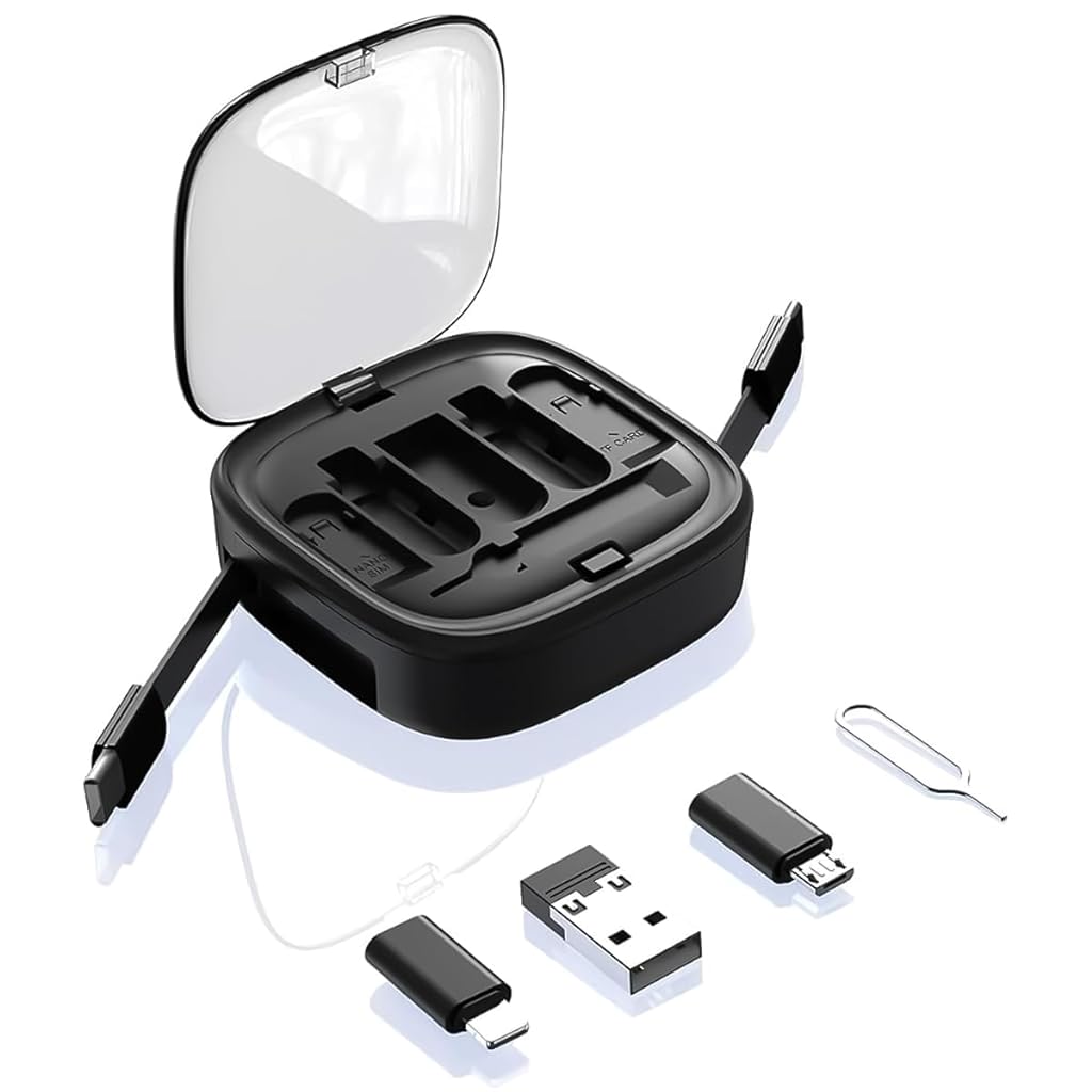Verilux 6 in 1 Fast Charging Cable with Storage Case, All in One Mobile Accessories with Card Slot & SIM Ejection Tool, 3.3Ft Retractable Type C Multi Charging Cable for iPhone, USB A/Type C Devices