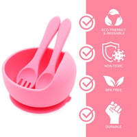 SNOWIE SOFT® Silicone Bowl for Baby with Spoon & Fork, Suction Feeding Bowl, BPA Free Baby Bowls, Baby Weaning Supplies, Non-Slip Suction Unbreakable Feeding Bowl for Baby/Toddler/Kids, Easy to clean