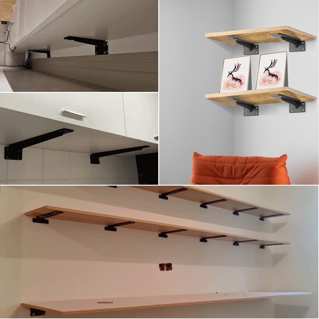 HASTHIP 1 Pack Shelf Brackets, Black Floating Shelves Brackets Heavy Duty with Screws, 90 Degree Angle Metal Shelf Brackets & Supports, Shelf Brackets with Modern Iron Finish