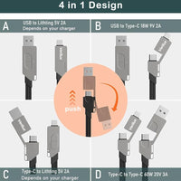 Verilux® 4 In 1 Charging Cable,Usb To Usb C Adapter,Type C To Light- Ning Cable,Usb To Light-Ning Cable,Portable Magnetic Type C To Type C Pd 60W Fast Charging Cable For Iphone,Samsung,Macbook,Black