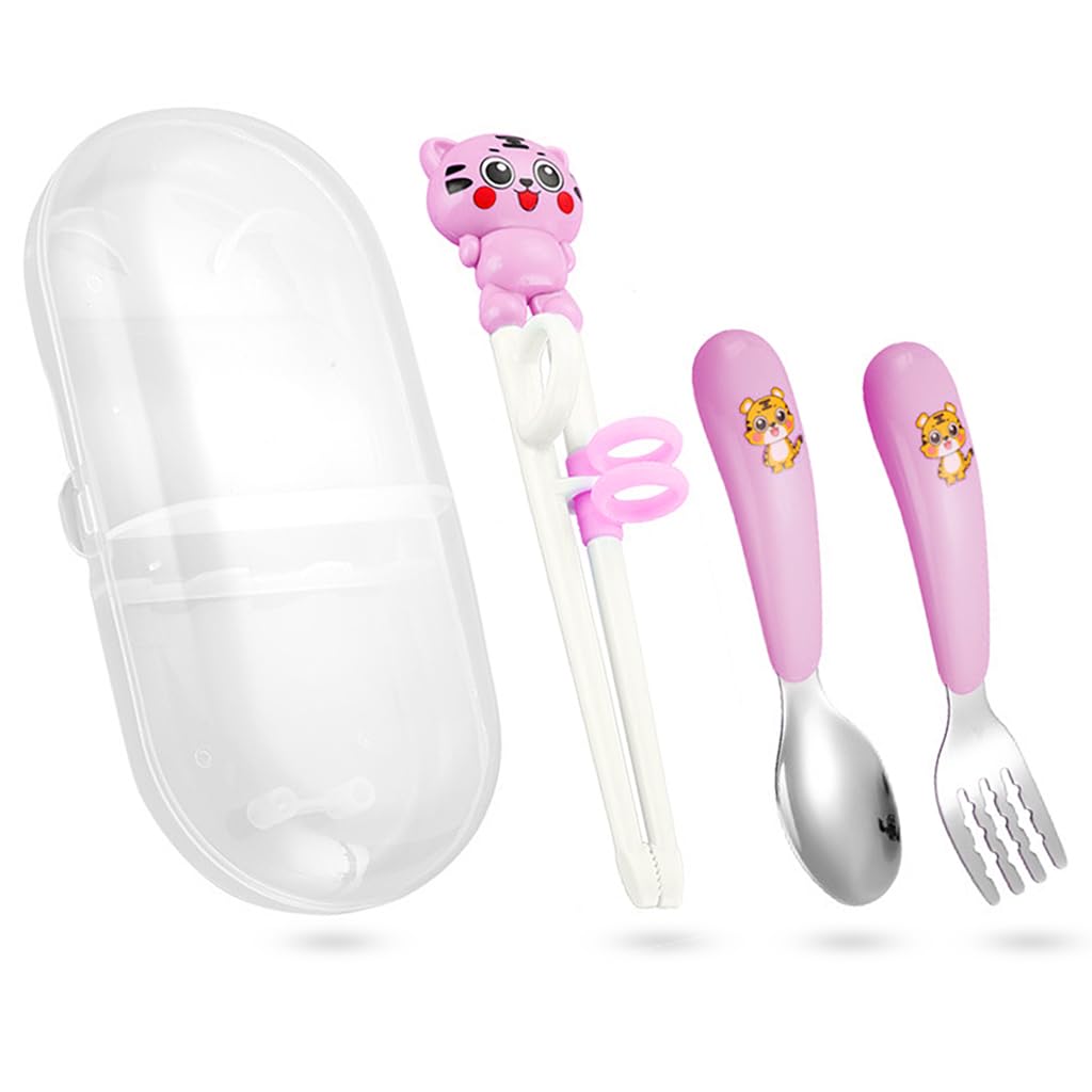 SNOWIE SOFT® Baby Spoon and Fork Set for Toddler Kids with Chopsticks & Case, 304 Stainless Steel with PP Cartoon Handle Utensils Set for Baby Feeding, Training Self Feeding, Safety and BPA Free